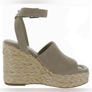 Marc Fisher Suede Taupe Sandals with ankle strap and rafia wedge